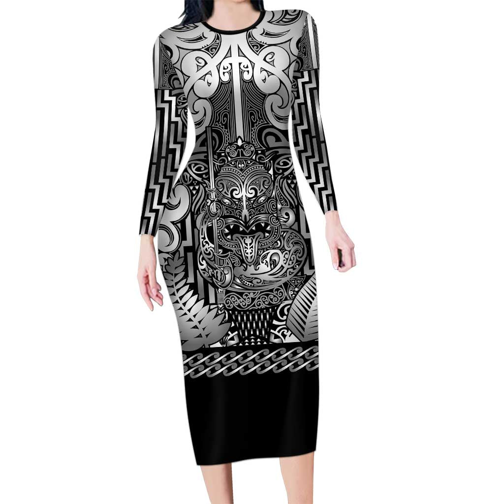 Custom New Zealand Taiaha Maori Family Matching Long Sleeve Bodycon Dress and Hawaiian Shirt Kiwikiwi Minimalist Silver Fern Tukutuku Motif