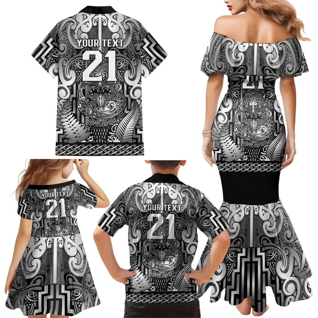 Custom New Zealand Taiaha Maori Family Matching Mermaid Dress and Hawaiian Shirt Kiwikiwi Minimalist Silver Fern Tukutuku Motif