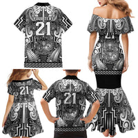Custom New Zealand Taiaha Maori Family Matching Mermaid Dress and Hawaiian Shirt Kiwikiwi Minimalist Silver Fern Tukutuku Motif