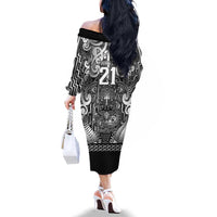 Custom New Zealand Taiaha Maori Family Matching Off The Shoulder Long Sleeve Dress and Hawaiian Shirt Kiwikiwi Minimalist Silver Fern Tukutuku Motif