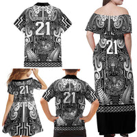 Custom New Zealand Taiaha Maori Family Matching Off Shoulder Maxi Dress and Hawaiian Shirt Kiwikiwi Minimalist Silver Fern Tukutuku Motif