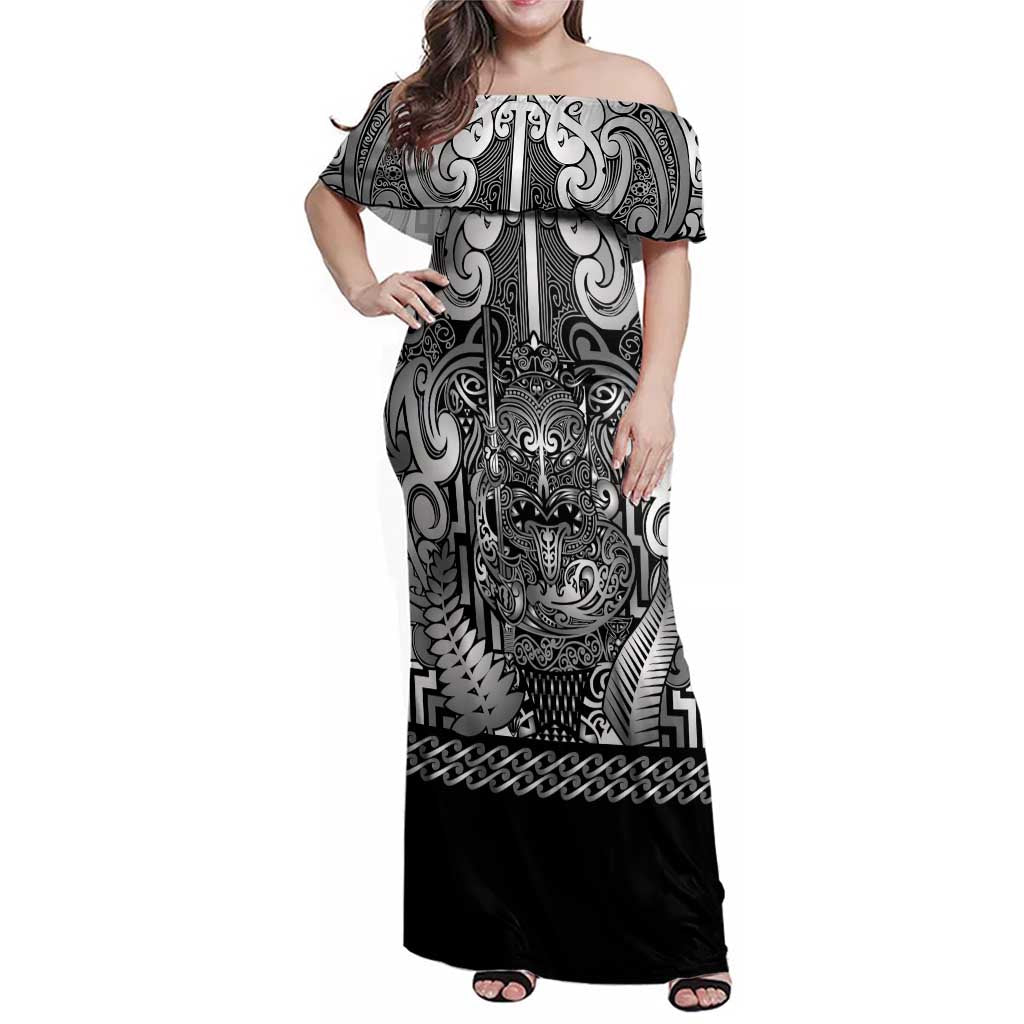 Custom New Zealand Taiaha Maori Family Matching Off Shoulder Maxi Dress and Hawaiian Shirt Kiwikiwi Minimalist Silver Fern Tukutuku Motif