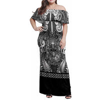 Custom New Zealand Taiaha Maori Family Matching Off Shoulder Maxi Dress and Hawaiian Shirt Kiwikiwi Minimalist Silver Fern Tukutuku Motif