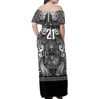 Custom New Zealand Taiaha Maori Family Matching Off Shoulder Maxi Dress and Hawaiian Shirt Kiwikiwi Minimalist Silver Fern Tukutuku Motif