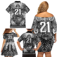 Custom New Zealand Taiaha Maori Family Matching Off Shoulder Short Dress and Hawaiian Shirt Kiwikiwi Minimalist Silver Fern Tukutuku Motif