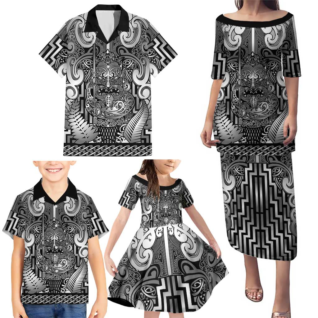 Custom New Zealand Taiaha Maori Family Matching Puletasi and Hawaiian Shirt Kiwikiwi Minimalist Silver Fern Tukutuku Motif