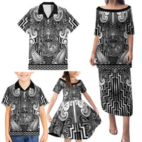 Custom New Zealand Taiaha Maori Family Matching Puletasi and Hawaiian Shirt Kiwikiwi Minimalist Silver Fern Tukutuku Motif