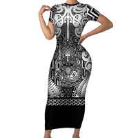 Custom New Zealand Taiaha Maori Family Matching Short Sleeve Bodycon Dress and Hawaiian Shirt Kiwikiwi Minimalist Silver Fern Tukutuku Motif