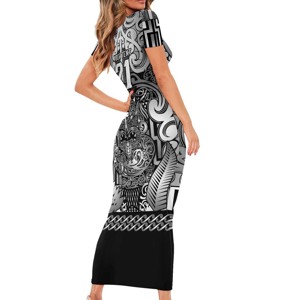 Custom New Zealand Taiaha Maori Family Matching Short Sleeve Bodycon Dress and Hawaiian Shirt Kiwikiwi Minimalist Silver Fern Tukutuku Motif
