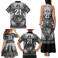 Custom New Zealand Taiaha Maori Family Matching Tank Maxi Dress and Hawaiian Shirt Kiwikiwi Minimalist Silver Fern Tukutuku Motif