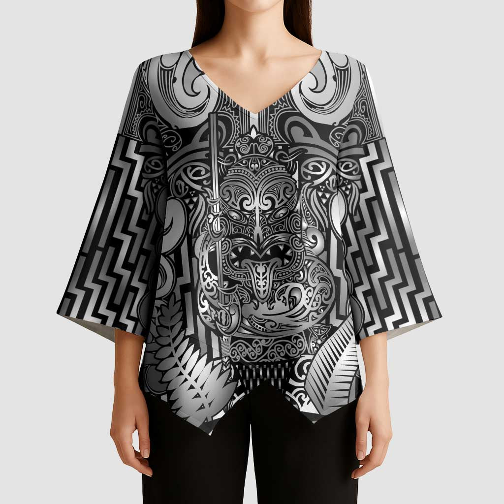 Custom New Zealand Taiaha Maori Kimono Sleeve Blouse Kiwikiwi Minimalist Silver Fern Tukutuku Motif
