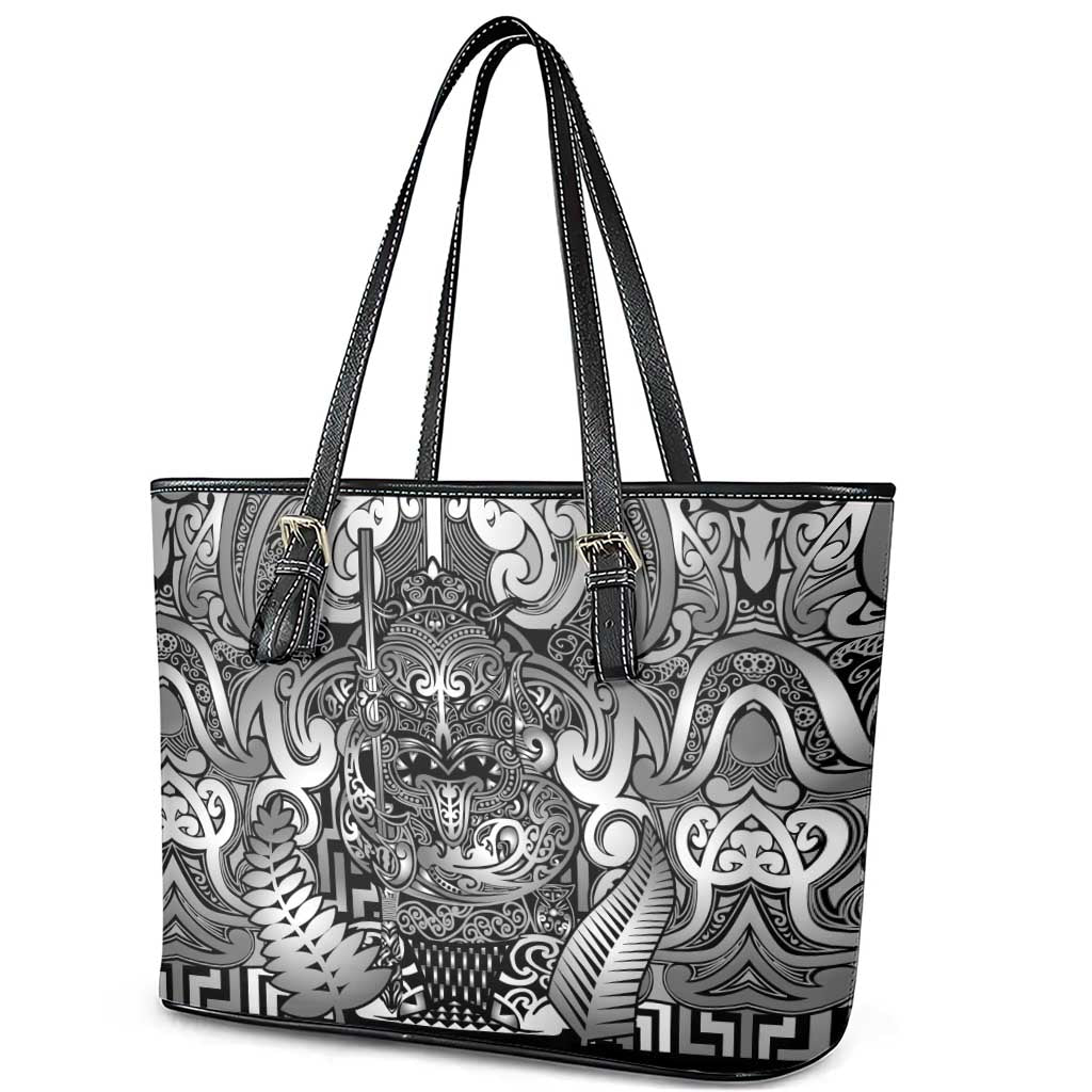 New Zealand Taiaha Maori Leather Tote Bag Kiwikiwi Minimalist Silver Fern Tukutuku Motif