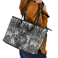New Zealand Taiaha Maori Leather Tote Bag Kiwikiwi Minimalist Silver Fern Tukutuku Motif
