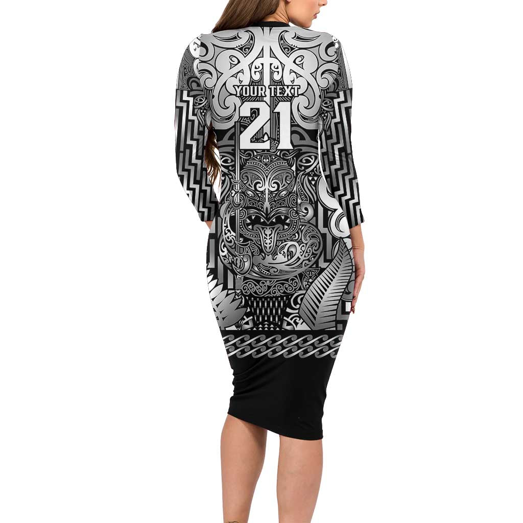 Custom New Zealand Taiaha Maori Long Sleeve Bodycon Dress Kiwikiwi Minimalist Silver Fern Tukutuku Motif