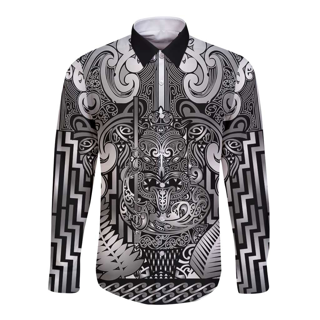 Custom New Zealand Taiaha Maori Long Sleeve Button Shirt Kiwikiwi Minimalist Silver Fern Tukutuku Motif