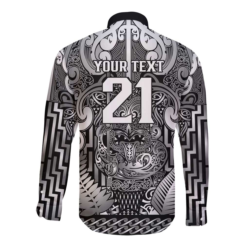 Custom New Zealand Taiaha Maori Long Sleeve Button Shirt Kiwikiwi Minimalist Silver Fern Tukutuku Motif