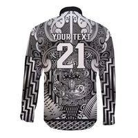Custom New Zealand Taiaha Maori Long Sleeve Button Shirt Kiwikiwi Minimalist Silver Fern Tukutuku Motif