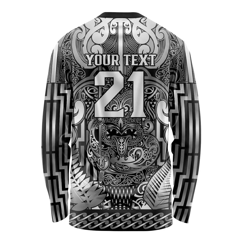 Custom New Zealand Taiaha Maori Long Sleeve Shirt Kiwikiwi Minimalist Silver Fern Tukutuku Motif
