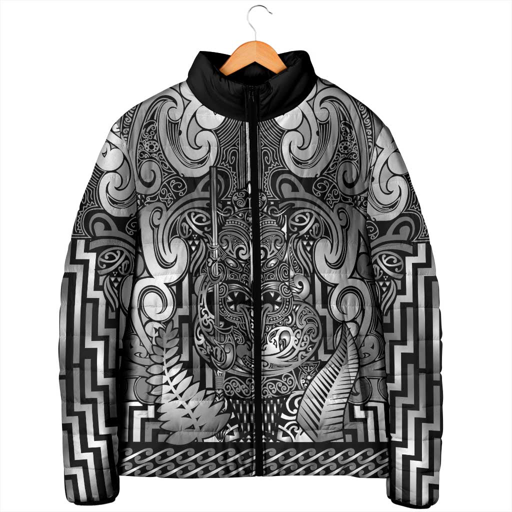 Custom New Zealand Taiaha Maori Padded Jacket Kiwikiwi Minimalist Silver Fern Tukutuku Motif