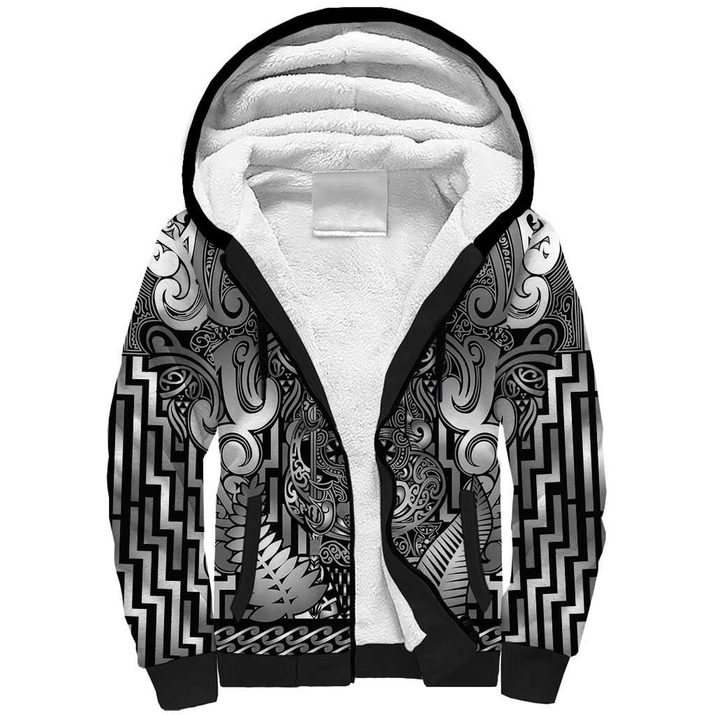Custom New Zealand Taiaha Maori Sherpa Hoodie Kiwikiwi Minimalist Silver Fern Tukutuku Motif