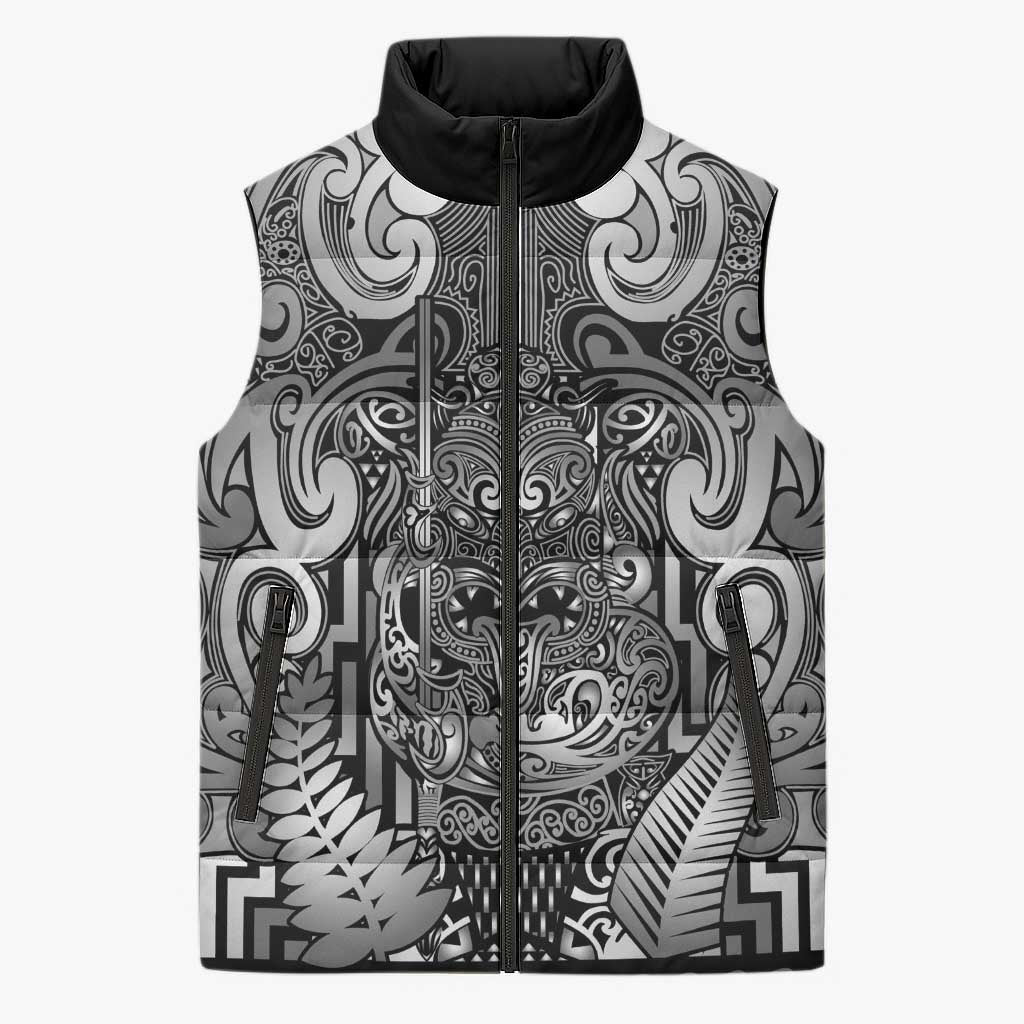 Custom New Zealand Taiaha Maori Sleeveless Puffer Jacket Kiwikiwi Minimalist Silver Fern Tukutuku Motif