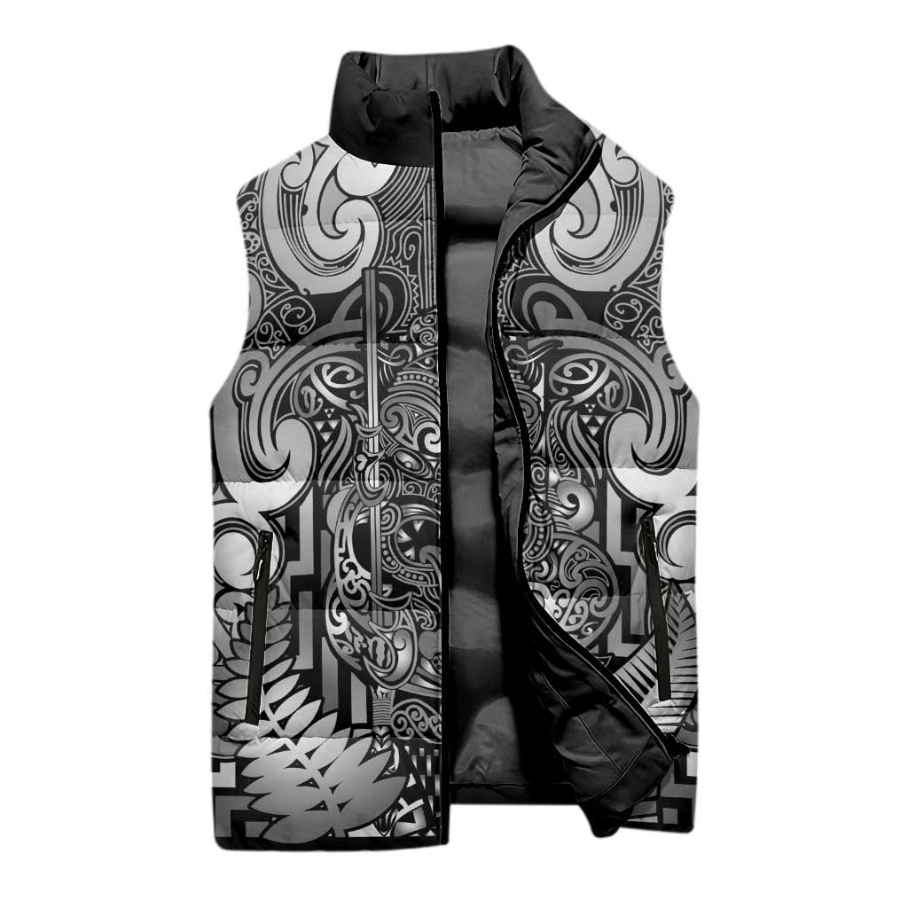 Custom New Zealand Taiaha Maori Sleeveless Puffer Jacket Kiwikiwi Minimalist Silver Fern Tukutuku Motif
