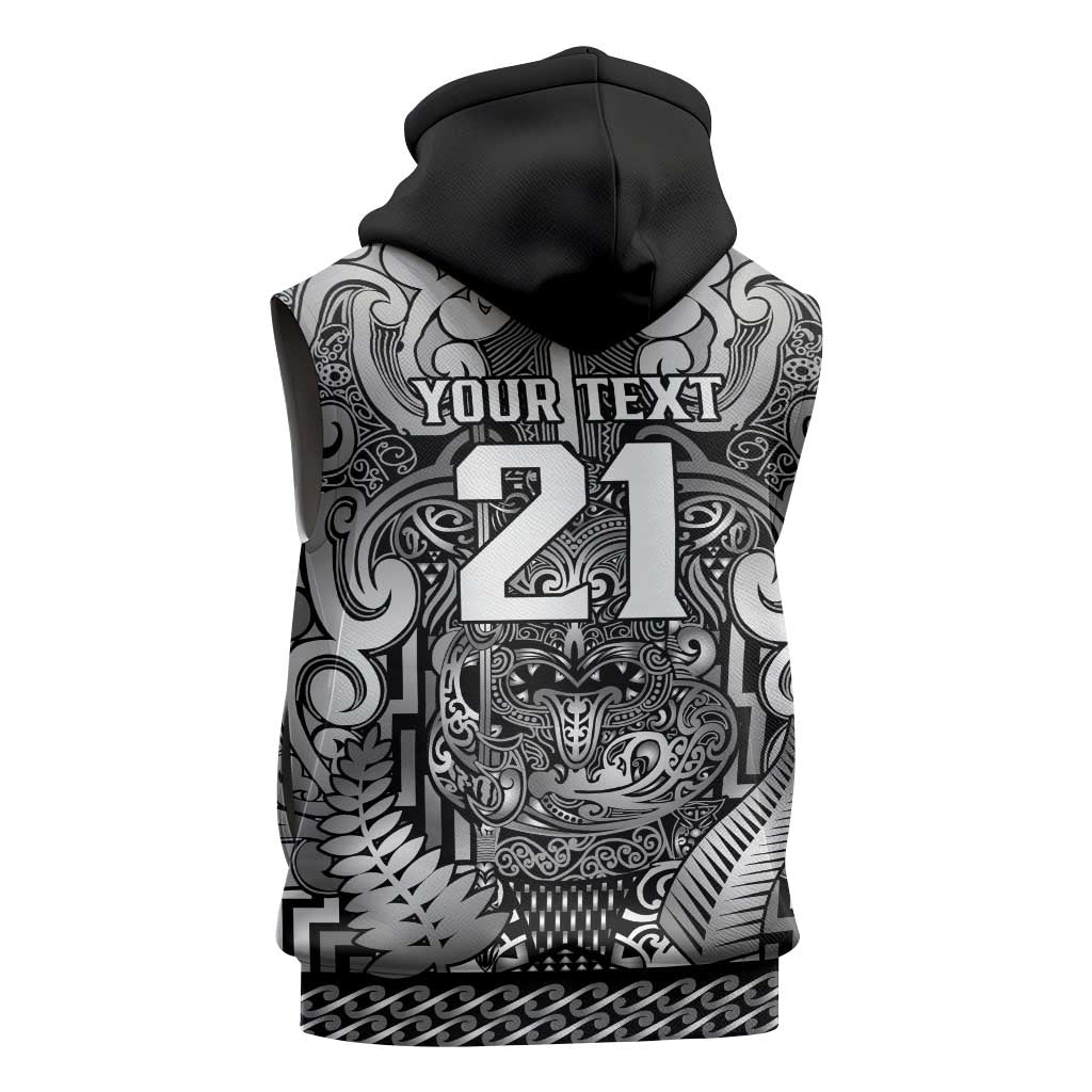 Custom New Zealand Taiaha Maori Sleeveless Zip Hoodie Kiwikiwi Minimalist Silver Fern Tukutuku Motif