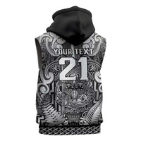 Custom New Zealand Taiaha Maori Sleeveless Zip Hoodie Kiwikiwi Minimalist Silver Fern Tukutuku Motif