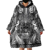 Custom New Zealand Taiaha Maori Wearable Blanket Hoodie Kiwikiwi Minimalist Silver Fern Tukutuku Motif