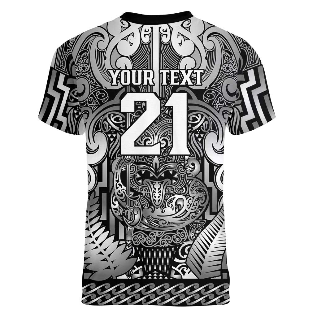 Custom New Zealand Taiaha Maori Women V-Neck T-Shirt Kiwikiwi Minimalist Silver Fern Tukutuku Motif