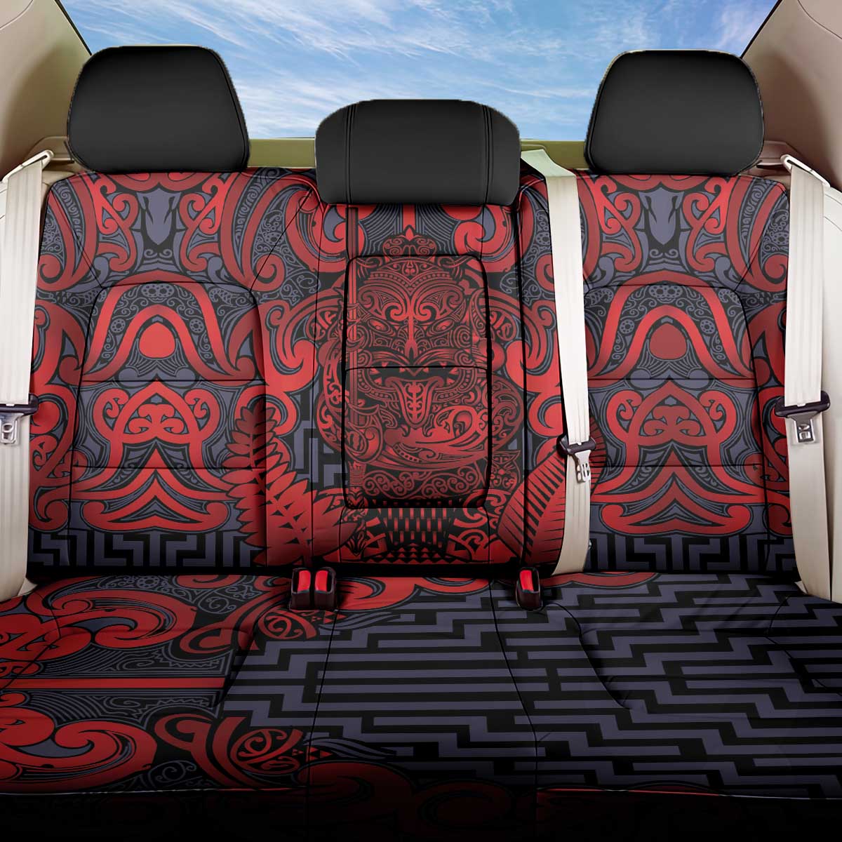 New Zealand Taiaha Maori Back Car Seat Cover Whero Minimalist Silver Fern Tukutuku Motif