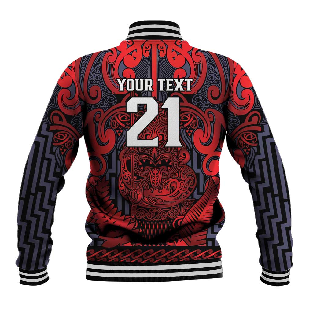 Custom New Zealand Taiaha Maori Baseball Jacket Whero Minimalist Silver Fern Tukutuku Motif