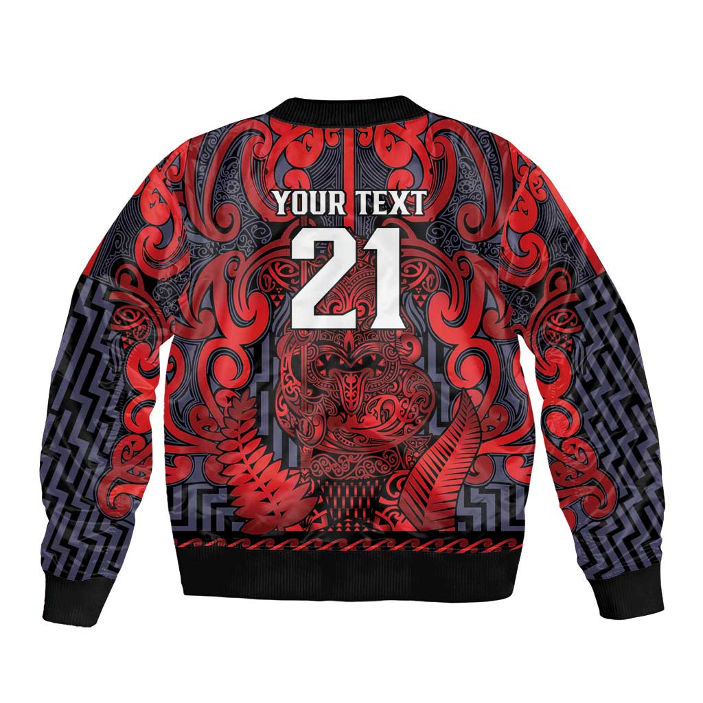 Custom New Zealand Taiaha Maori Bomber Jacket Whero Minimalist Silver Fern Tukutuku Motif