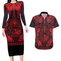 Custom New Zealand Taiaha Maori Couples Matching Long Sleeve Bodycon Dress and Hawaiian Shirt Whero Minimalist Silver Fern Tukutuku Motif
