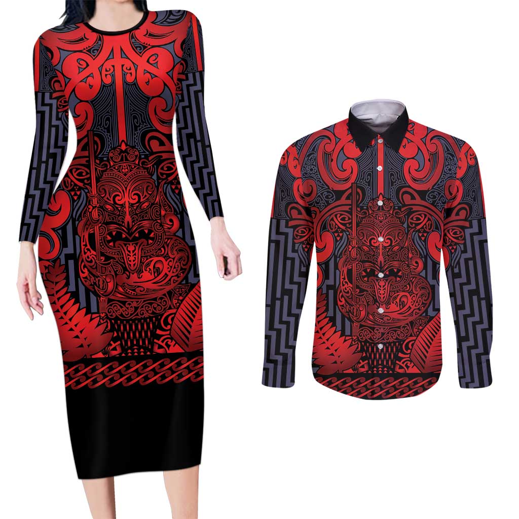 Custom New Zealand Taiaha Maori Couples Matching Long Sleeve Bodycon Dress and Long Sleeve Button Shirt Whero Minimalist Silver Fern Tukutuku Motif