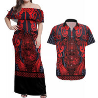 Custom New Zealand Taiaha Maori Couples Matching Off Shoulder Maxi Dress and Hawaiian Shirt Whero Minimalist Silver Fern Tukutuku Motif