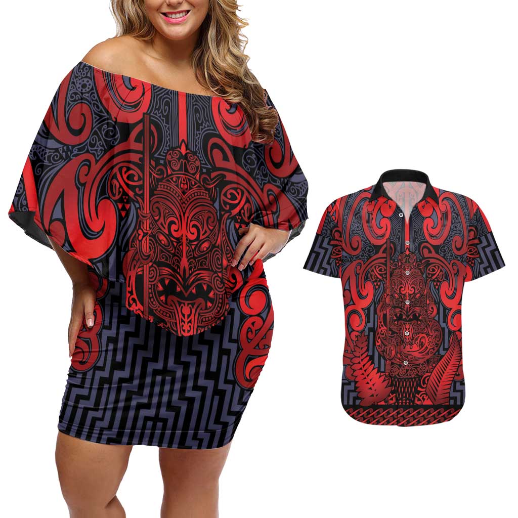 Custom New Zealand Taiaha Maori Couples Matching Off Shoulder Short Dress and Hawaiian Shirt Whero Minimalist Silver Fern Tukutuku Motif