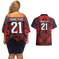 Custom New Zealand Taiaha Maori Couples Matching Off Shoulder Short Dress and Hawaiian Shirt Whero Minimalist Silver Fern Tukutuku Motif