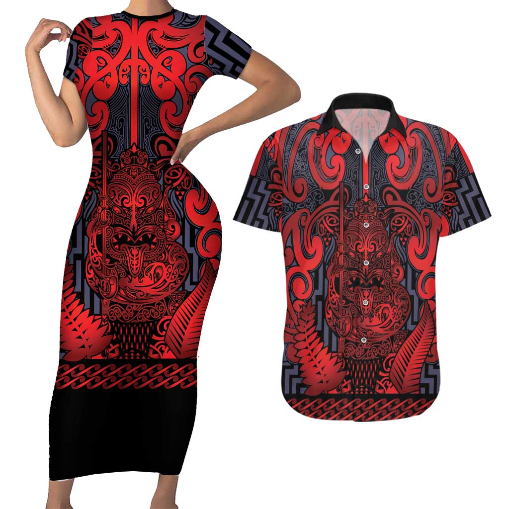 Custom New Zealand Taiaha Maori Couples Matching Short Sleeve Bodycon Dress and Hawaiian Shirt Whero Minimalist Silver Fern Tukutuku Motif