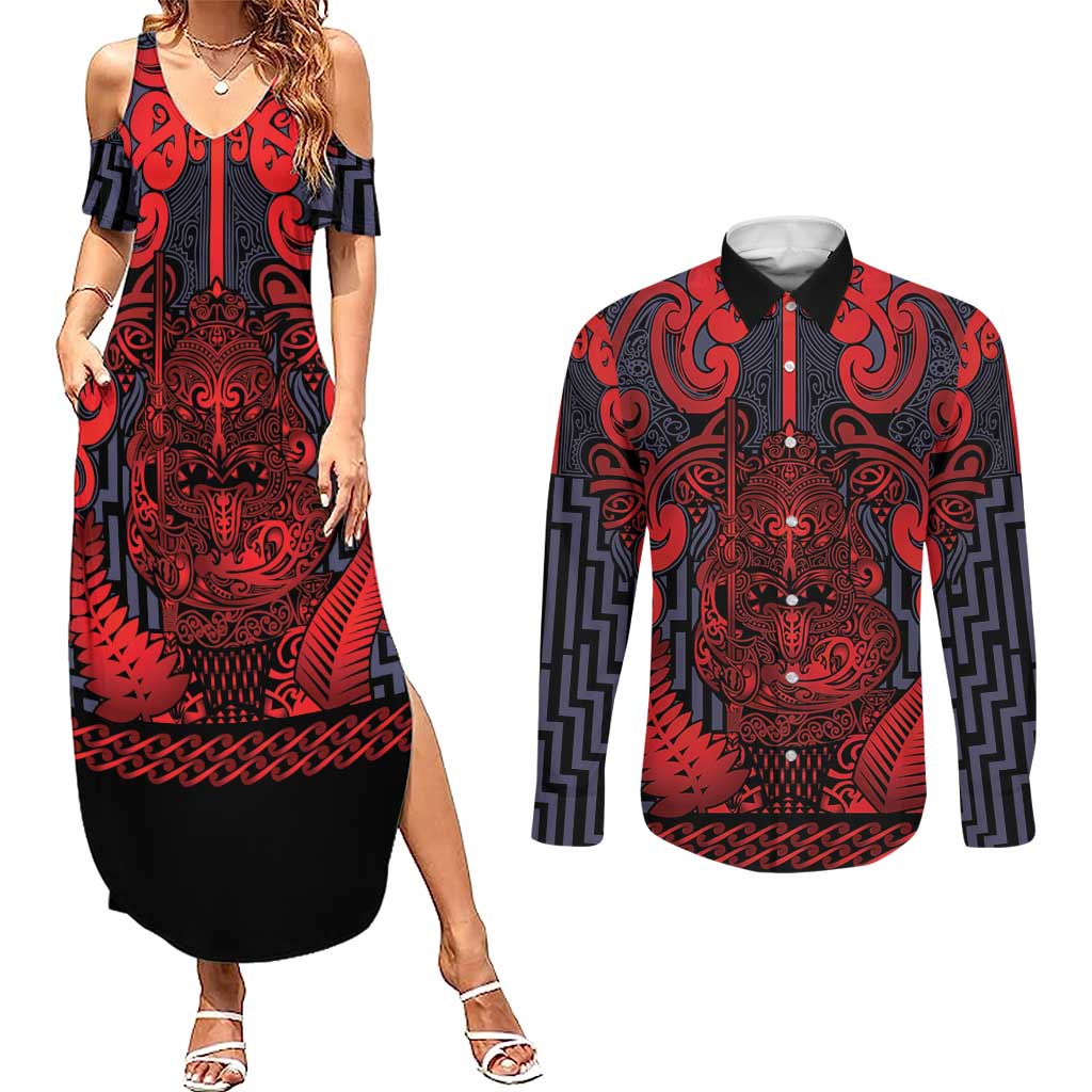 Custom New Zealand Taiaha Maori Couples Matching Summer Maxi Dress and Long Sleeve Button Shirt Whero Minimalist Silver Fern Tukutuku Motif