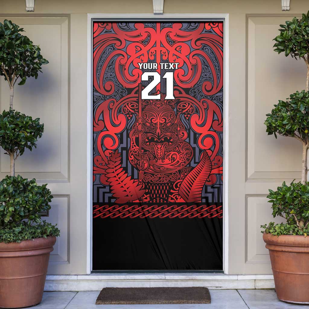 Custom New Zealand Taiaha Maori Door Cover Whero Minimalist Silver Fern Tukutuku Motif