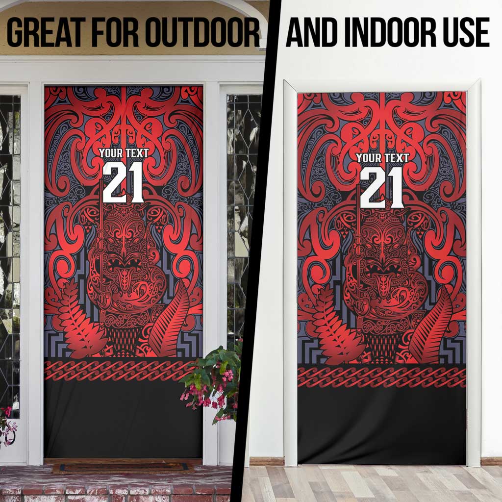Custom New Zealand Taiaha Maori Door Cover Whero Minimalist Silver Fern Tukutuku Motif
