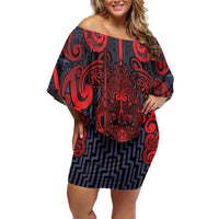 Custom New Zealand Taiaha Maori Family Matching Off Shoulder Short Dress and Hawaiian Shirt Whero Minimalist Silver Fern Tukutuku Motif