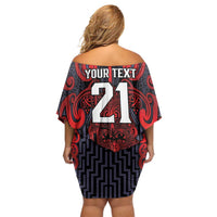 Custom New Zealand Taiaha Maori Family Matching Off Shoulder Short Dress and Hawaiian Shirt Whero Minimalist Silver Fern Tukutuku Motif
