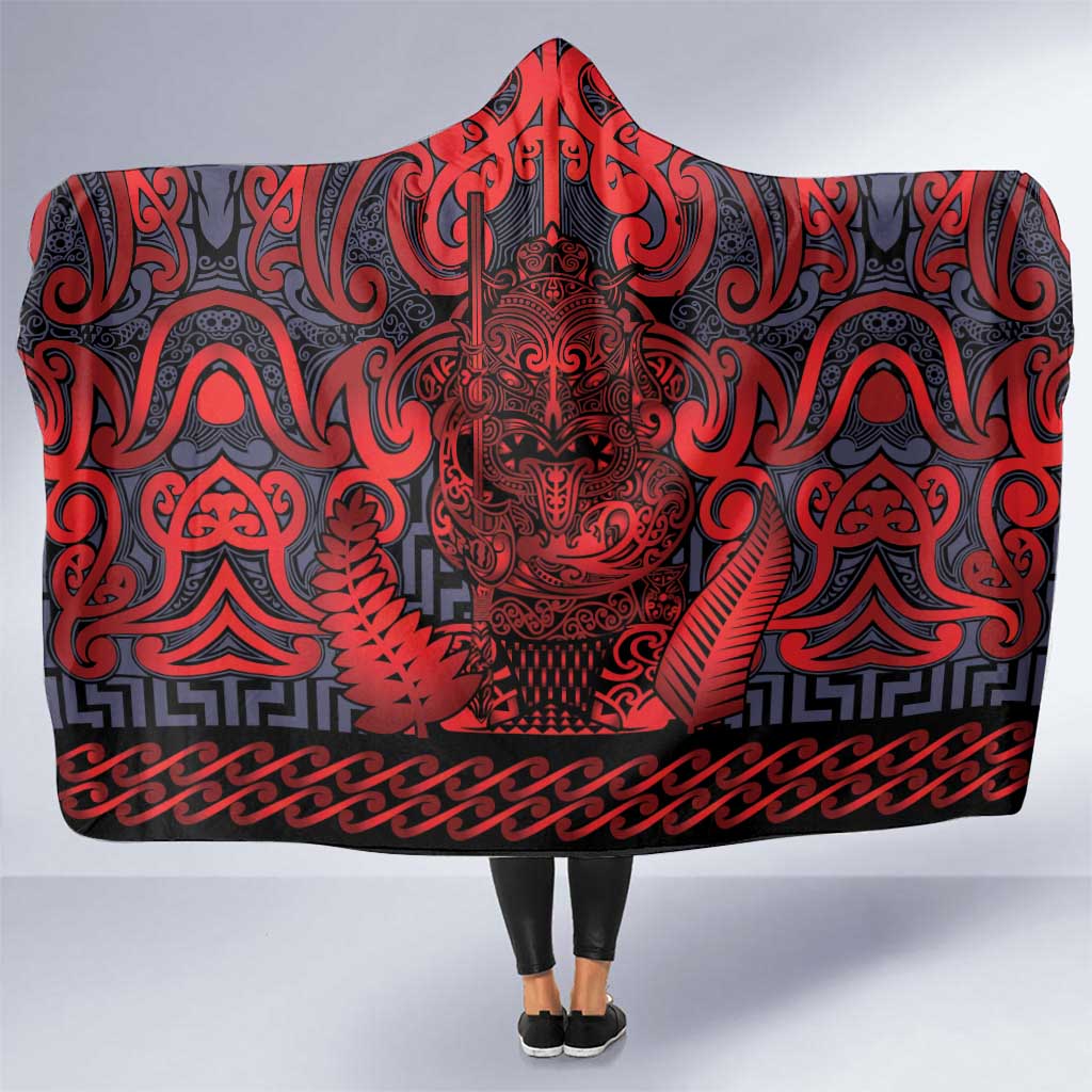 New Zealand Taiaha Maori Hooded Blanket Whero Minimalist Silver Fern Tukutuku Motif