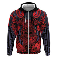 Custom New Zealand Taiaha Maori Hoodie Whero Minimalist Silver Fern Tukutuku Motif