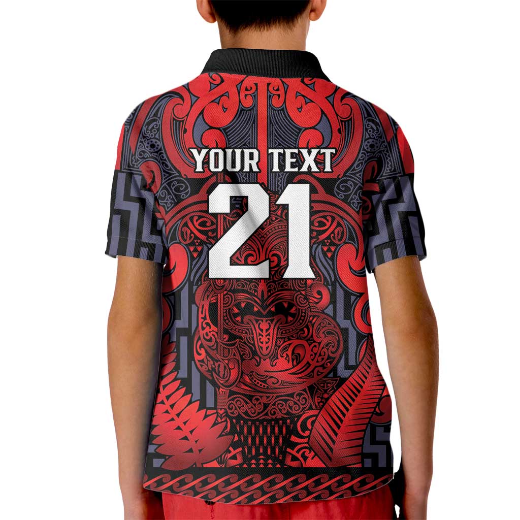Custom New Zealand Taiaha Maori Kid Polo Shirt Whero Minimalist Silver Fern Tukutuku Motif