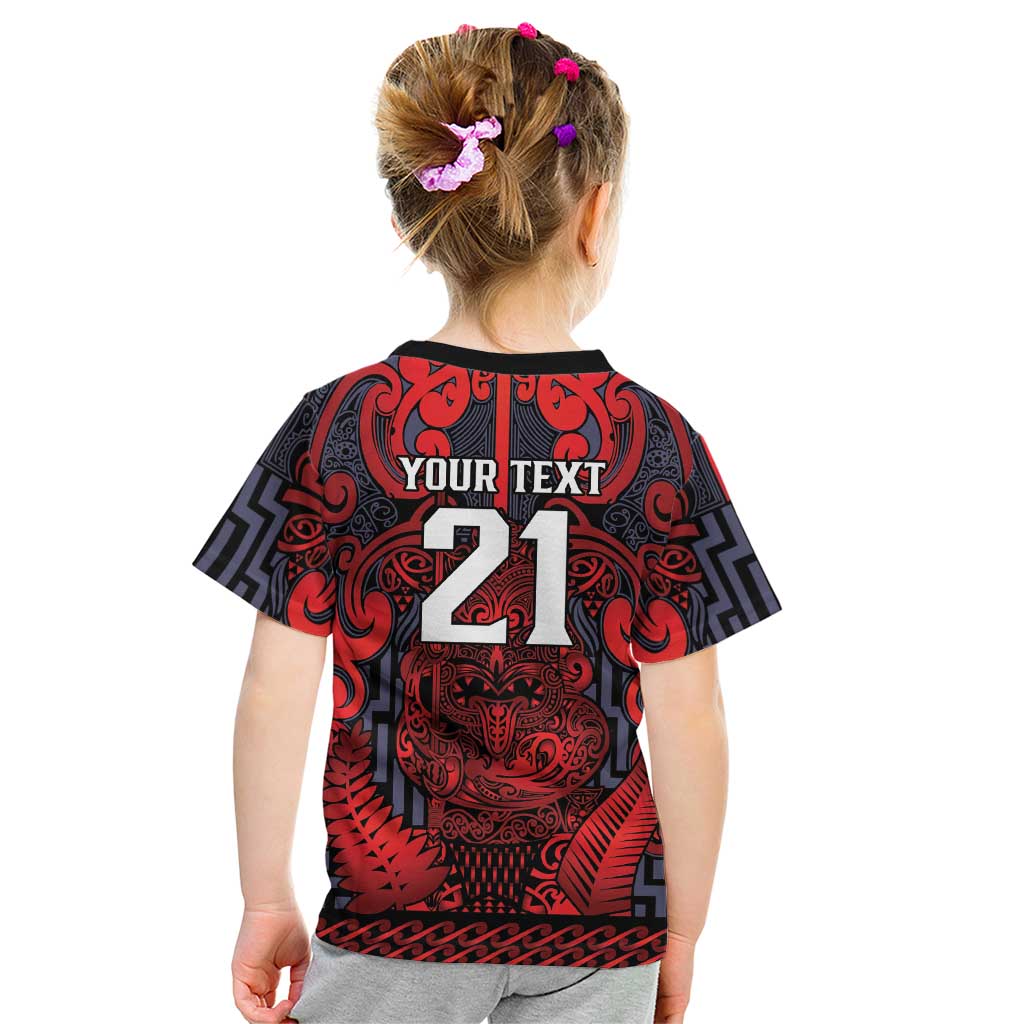 Custom New Zealand Taiaha Maori Kid T Shirt Whero Minimalist Silver Fern Tukutuku Motif