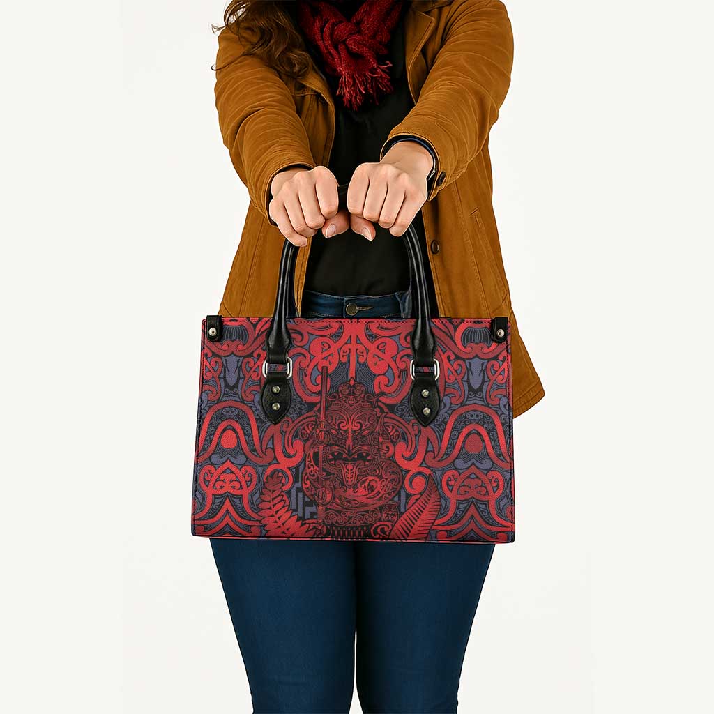 New Zealand Taiaha Maori Leather Bag Whero Minimalist Silver Fern Tukutuku Motif