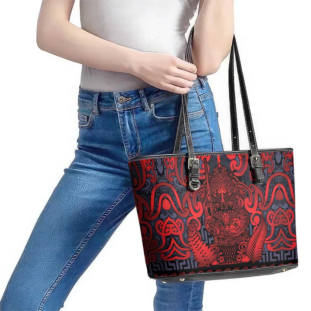 New Zealand Taiaha Maori Leather Tote Bag Whero Minimalist Silver Fern Tukutuku Motif